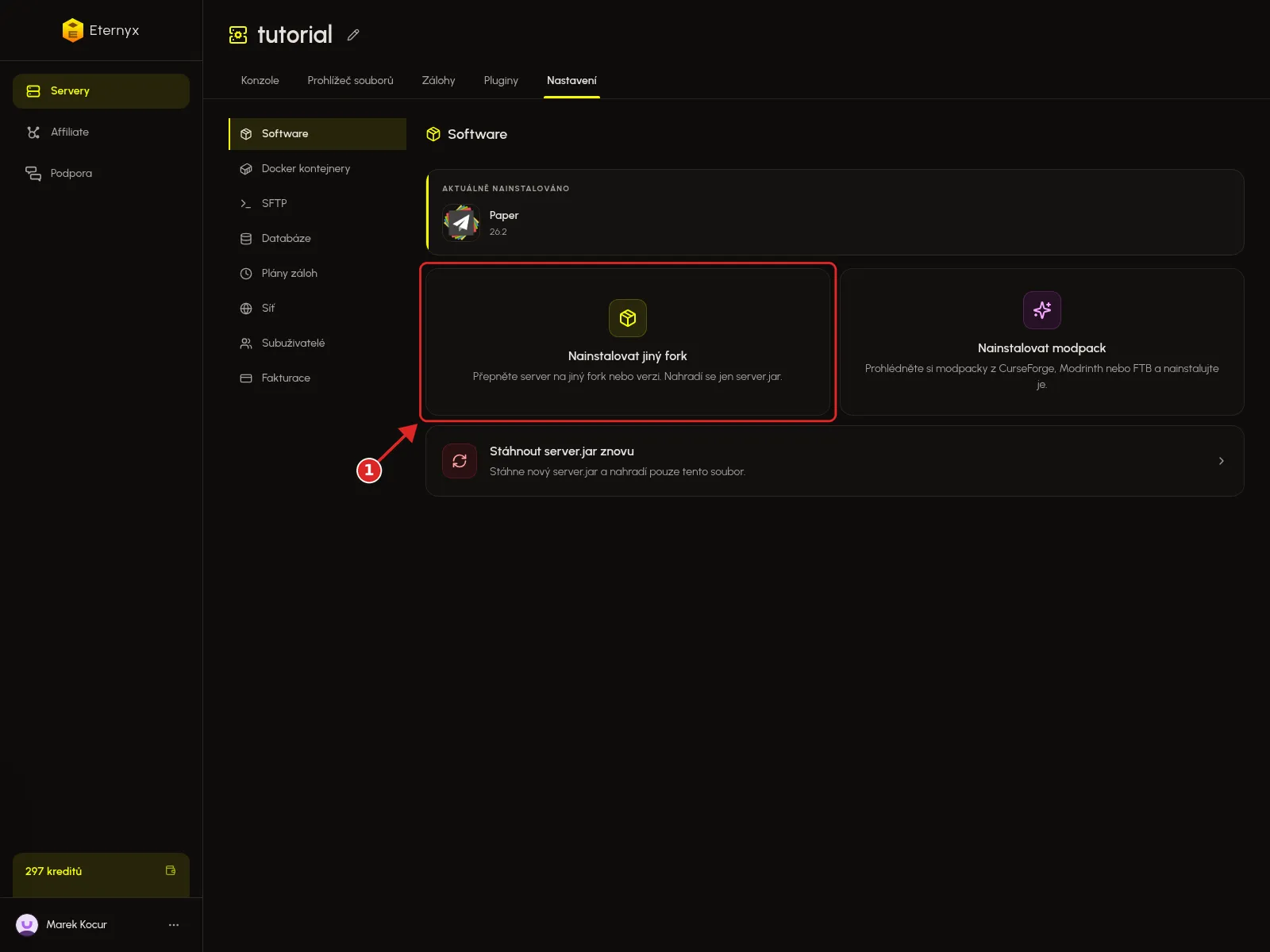 Karta Nainstalovat jiný fork na stránce Software v Eternyx dashboardu