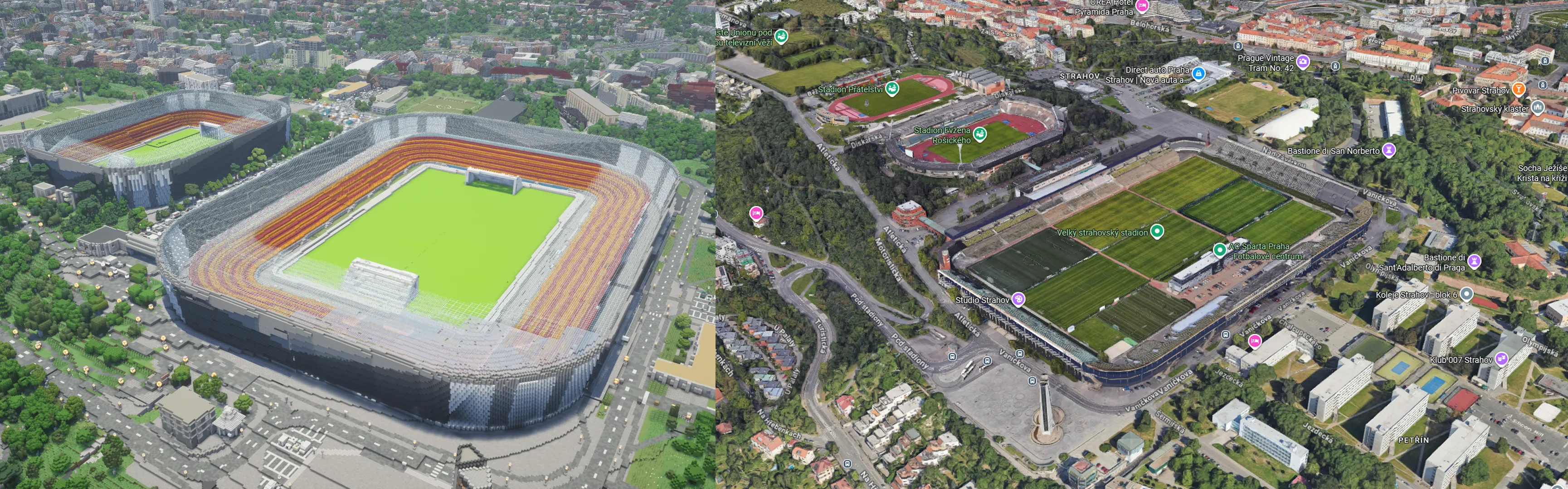 Strahovský stadion v Minecraftu a ve skutečnosti z ptačí perspektivy