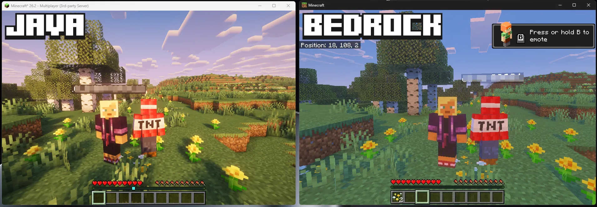 Ukázka fungujícího propojení Java a Bedrock Edition na jednom Minecraft serveru