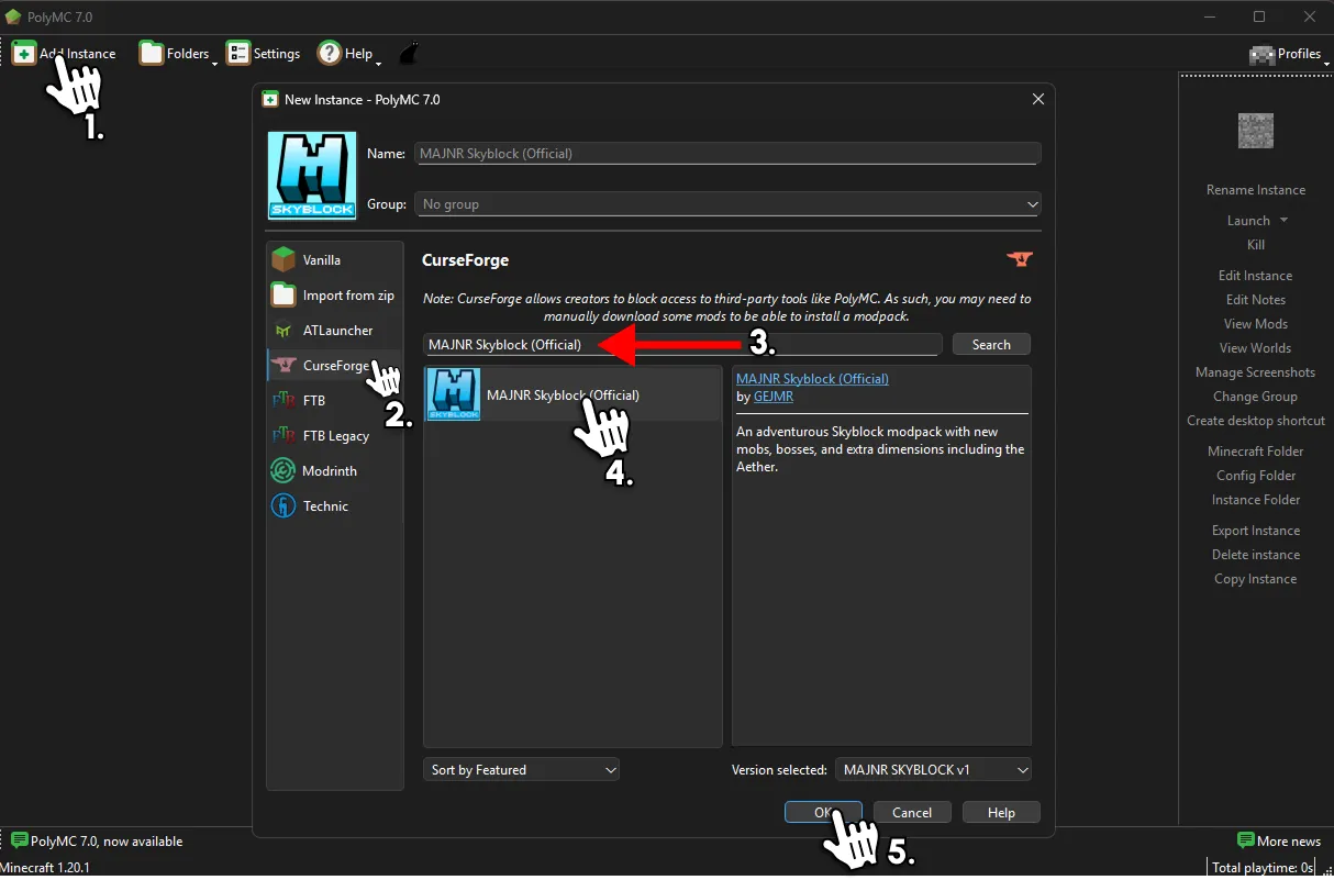 Instalace Majnr Skyblock modpacku v PolyMC launcheru