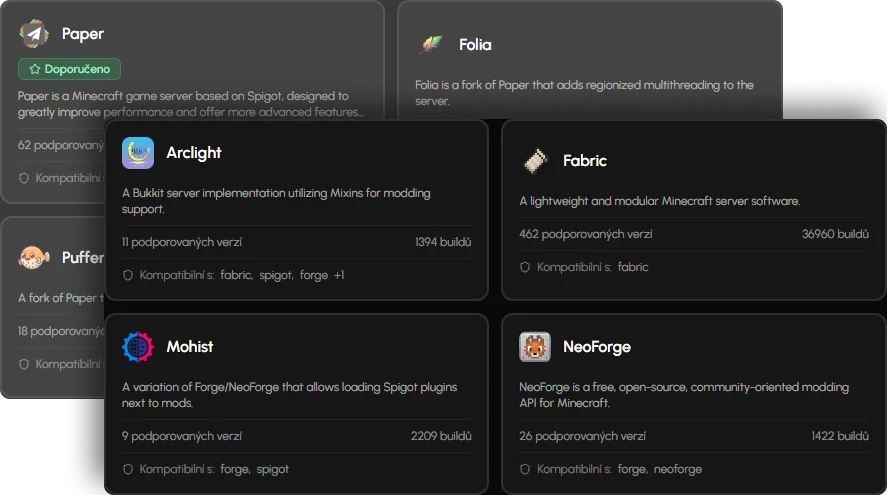 Výběr serverového softwaru v Eternyx Panelu