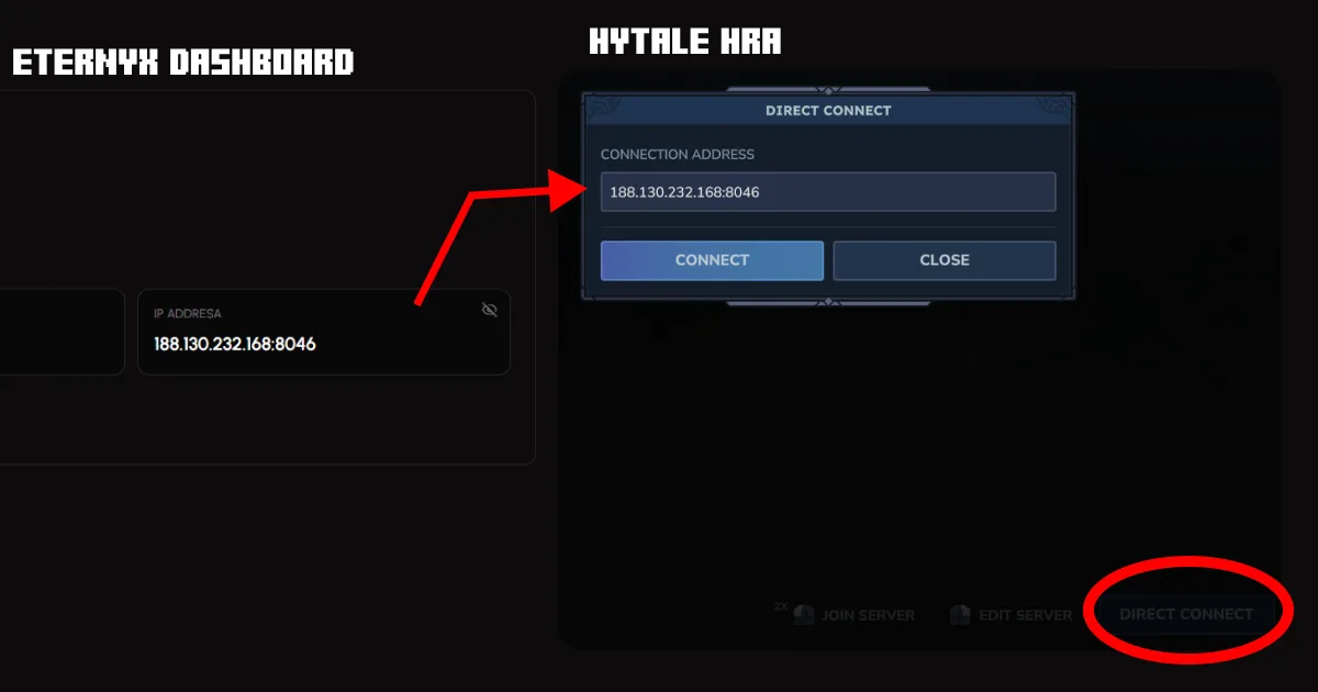 Ukázka připojení k Hytale serveru pomocí IP adresy