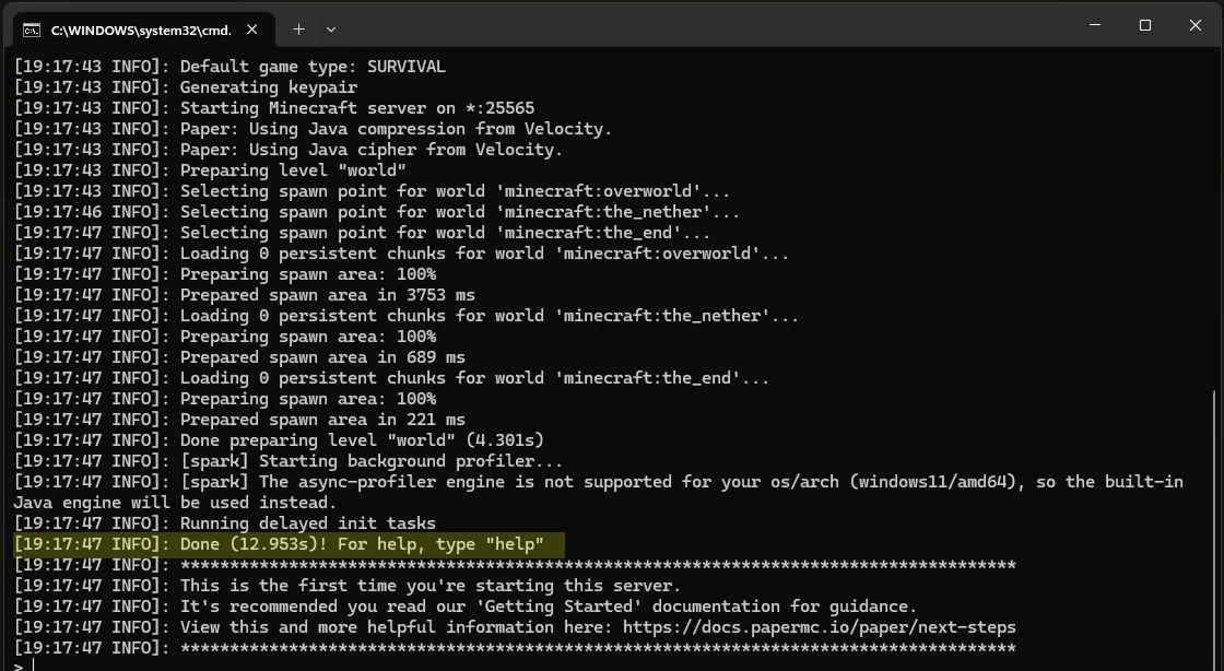Ukázka spuštěného Minecraft serveru