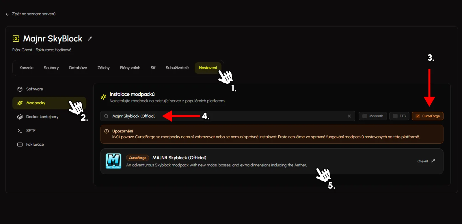 Jak nainstalovat Majnr Skyblock (Official) pomocí Eternyx modpack instalátoru