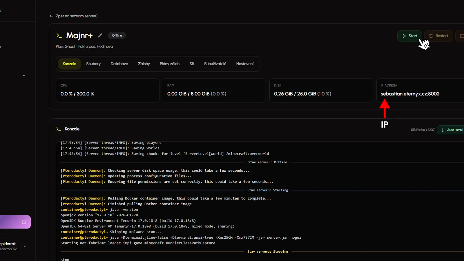 Zapnutí serveru a zkopírování IP adresy