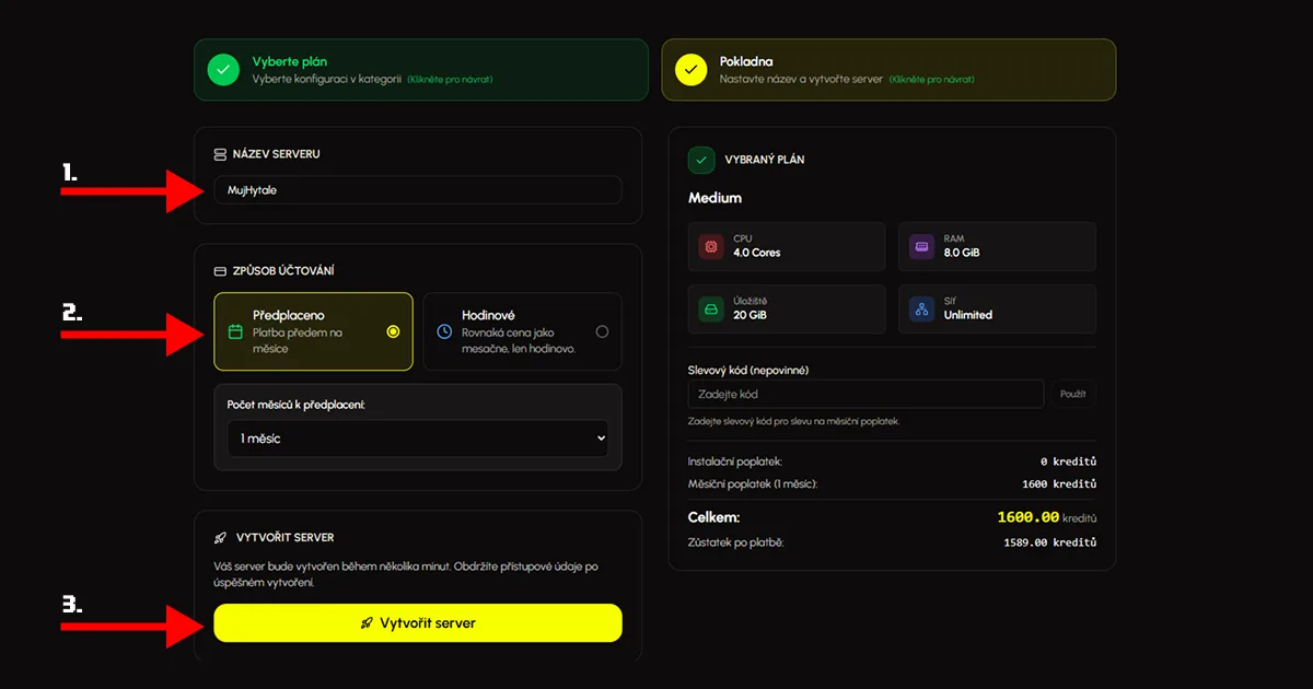 Vytváření Hytale serveru v Eternyx dashboardu