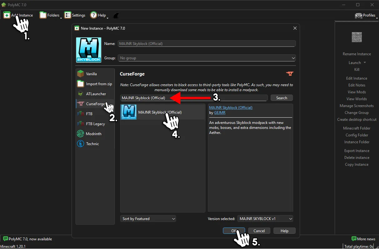 Instalace Majnr Skyblock modpacku v PolyMC launcheru